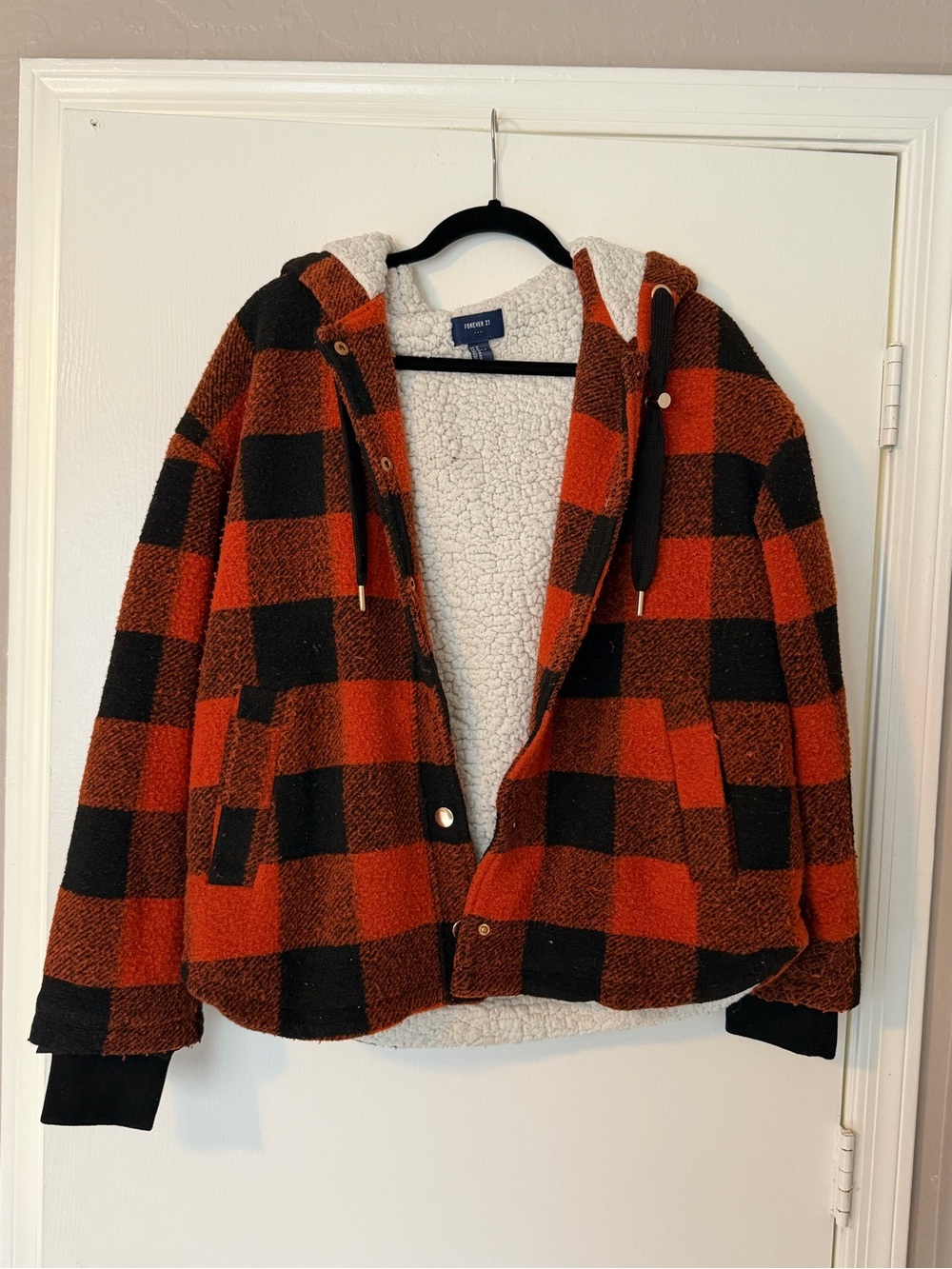 Forever 21 Red & Black Plaid Teddy Jacket with Hood